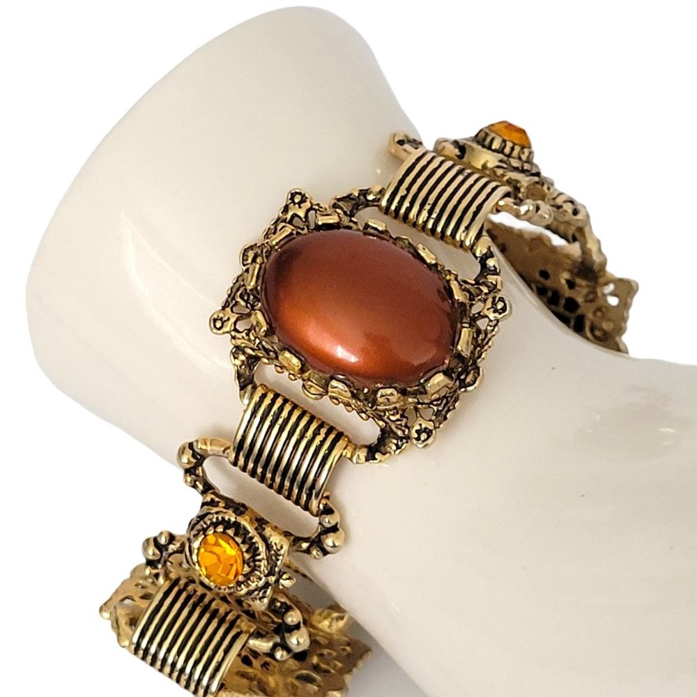 Womens Chunky Gold Tone Link Bracelet Cabochon Beads Filigree Box Clasp 7"